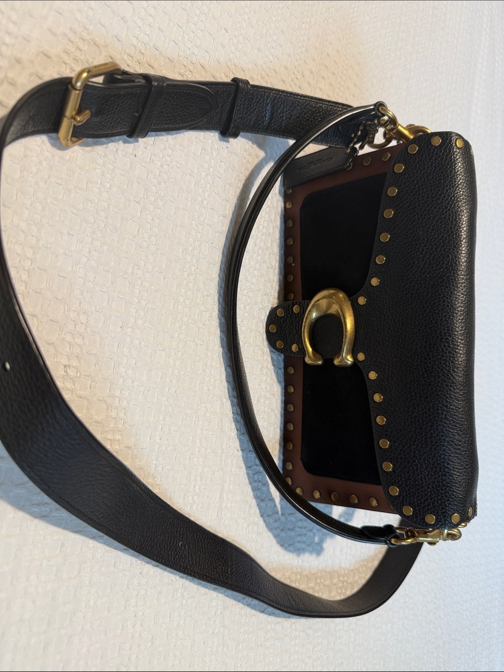 Black Leather Studded Shoulder Bag with Brass Horseshoe Accent
